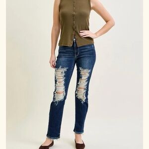 Judy Blue dark denim straight leg ripped jeans